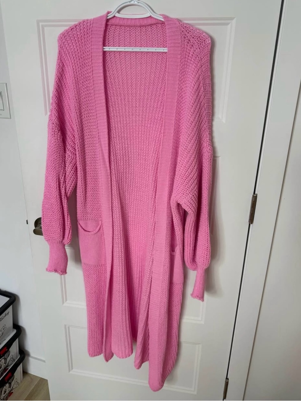 Pink Long Open-Front Knit Cardigan Sweater